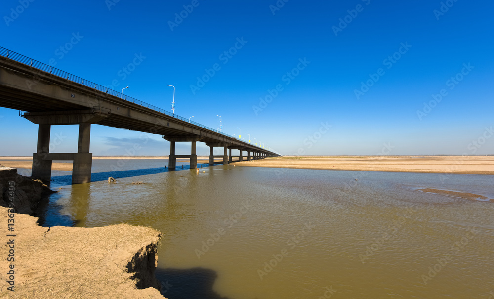 The Yellow river bridge with blue sky in Zhengzhou, Henan province, middle of China.It is a part of the old 107 national road.