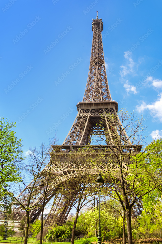 Paris, Eiffel tower on a bright day in Spring