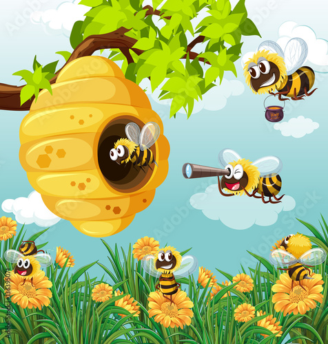 Many bees flying in garden