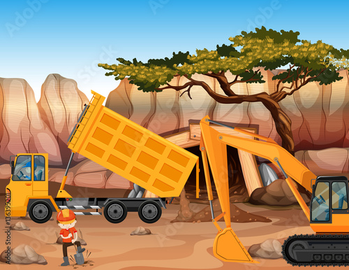 Bulldozer and dumping truck at the field