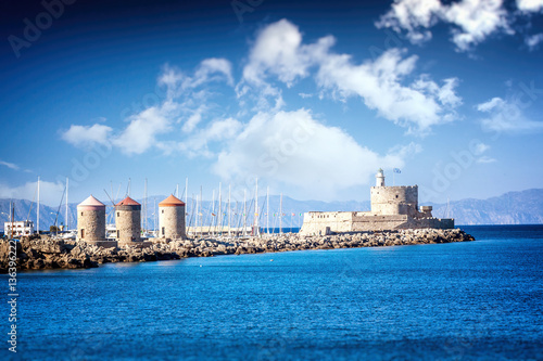 Beautiful seascape. The port in the old town of Rhodes on the is