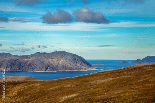 View of the fjord. Beautiful nature Norway. Arctic bay. Mageroya island. Nordkapp.