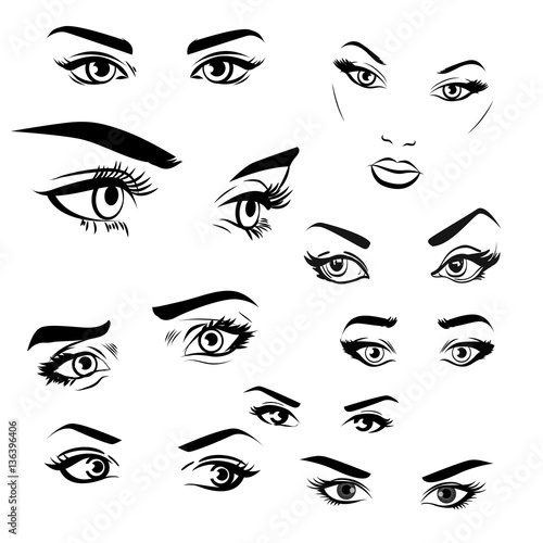 Female woman eyes and brows image collection set. Fashion girl eyes design. Vector illustration