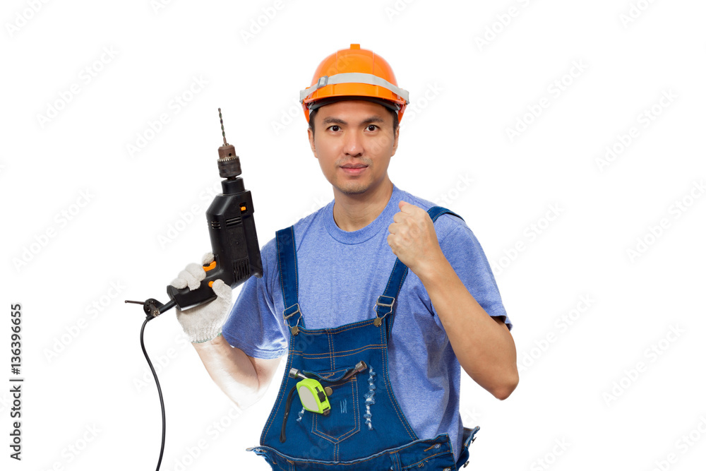 portrait of asian friendly & smiling handsome craftsman with electric drill, isolated on white. Home Improvement, Renovation Set and DIY concept portrait of asian friendly & smiling handsome craftsman with electric drill, isolated on white. Home Improvement, Renovation Set and DIY concept