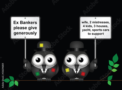 Comical threadbare poor bankers begging 