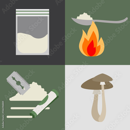 Drugs and mushrooms colored addiction vector icons set