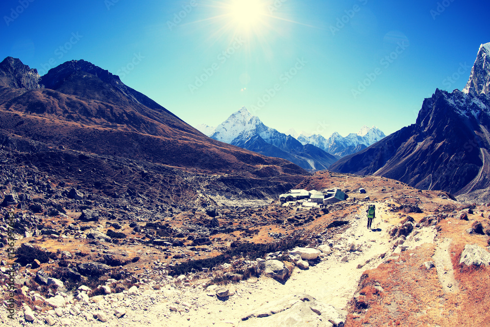 one porter walking on the way to everest base camp,nepal