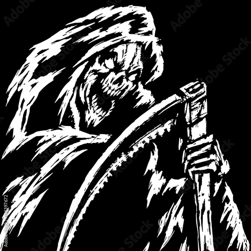 The Grim Reaper.Black and White Colors. Scary Horror Character. Graphic Design. Contour Digital Freehand Outline Drawing. Spirit Rock Skull. Ghost Skeleton. Isolated Flat Vector Illustration.