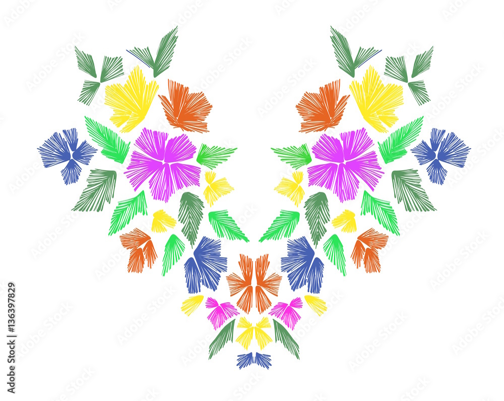 Floral pattern , neck line designs. Vector illustration hand drawn. Fantasy flowers embroidery pattern isolated on white.