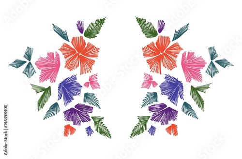 Floral pattern with fantasy flowers isolated on white. Line art. Vector illustration hand drawn. Embroidery design elements - flowers and leaves.