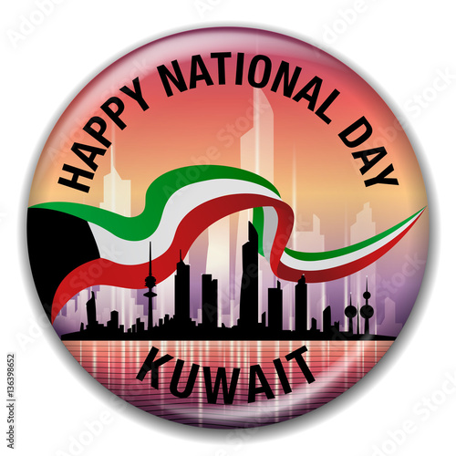 Happy National Day Kuwait Skyline And Flag Round Pin Badge