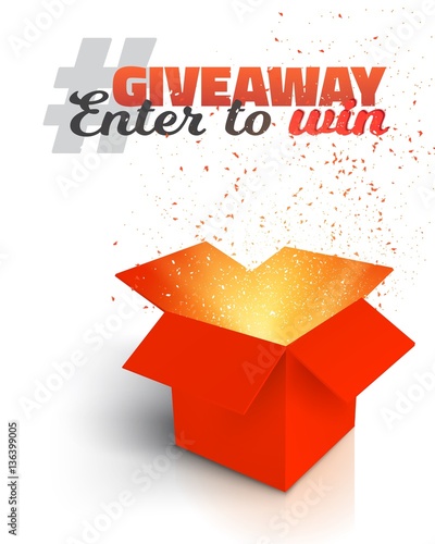 Illustration of Vector Red Gift Box Isolated on White Background. Open Box with Confetti. Giveaway Competition Enter to Win Prize Concept