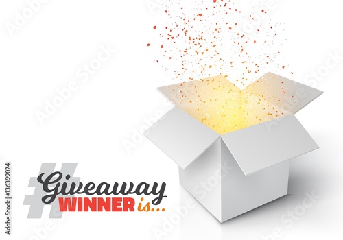 Illustration of Vector Grey Box with Magic Light Coming from Inside. Giveaway Competition Template. Open Box with Confetti Enter to Win Prize Concept