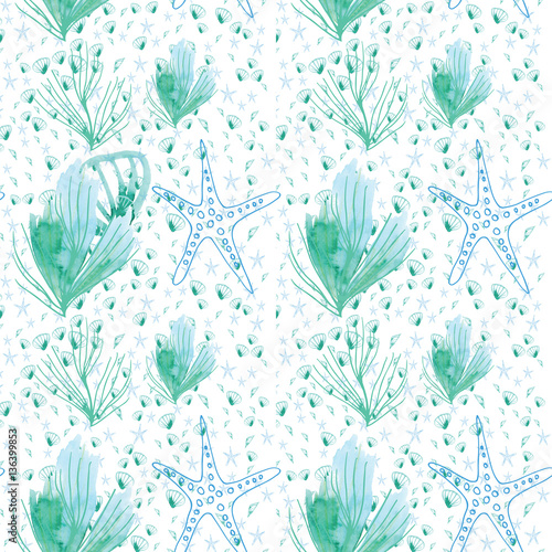 Handmade Painting watercolor blue sea, paper texture