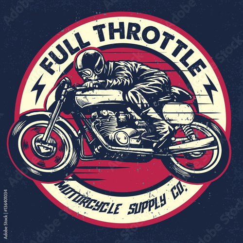 Fototapeta hand drawing of man riding a classic cafe racer motorcycle