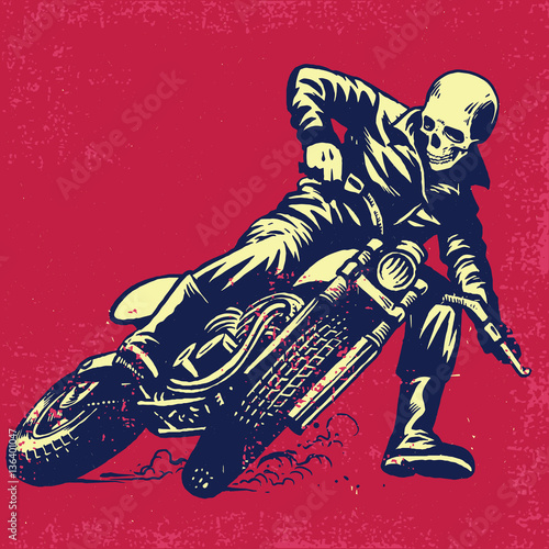 Hand drawing of skull riding a vintage motorcycle