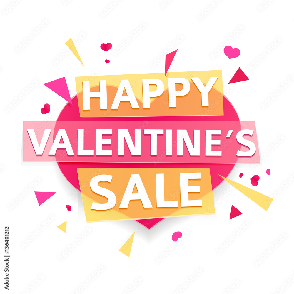 Fototapeta premium Design banner for Valentine's day offer. Modern symbol with geometric particles for happy Valentine's day sale. Pink heart with text for romantic promotion card and banner. Vector. 