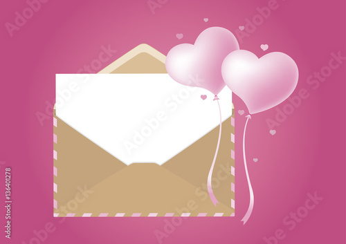 Love concept of envelope with blank white paper and heart balloon on pink background for valentines day and wedding