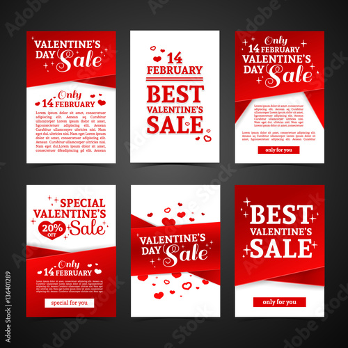 Set template design Happy valentine's day card. Collection price tag with red color tape and special valentine's sale text. Romantic banner and coupon with heart. Vector.