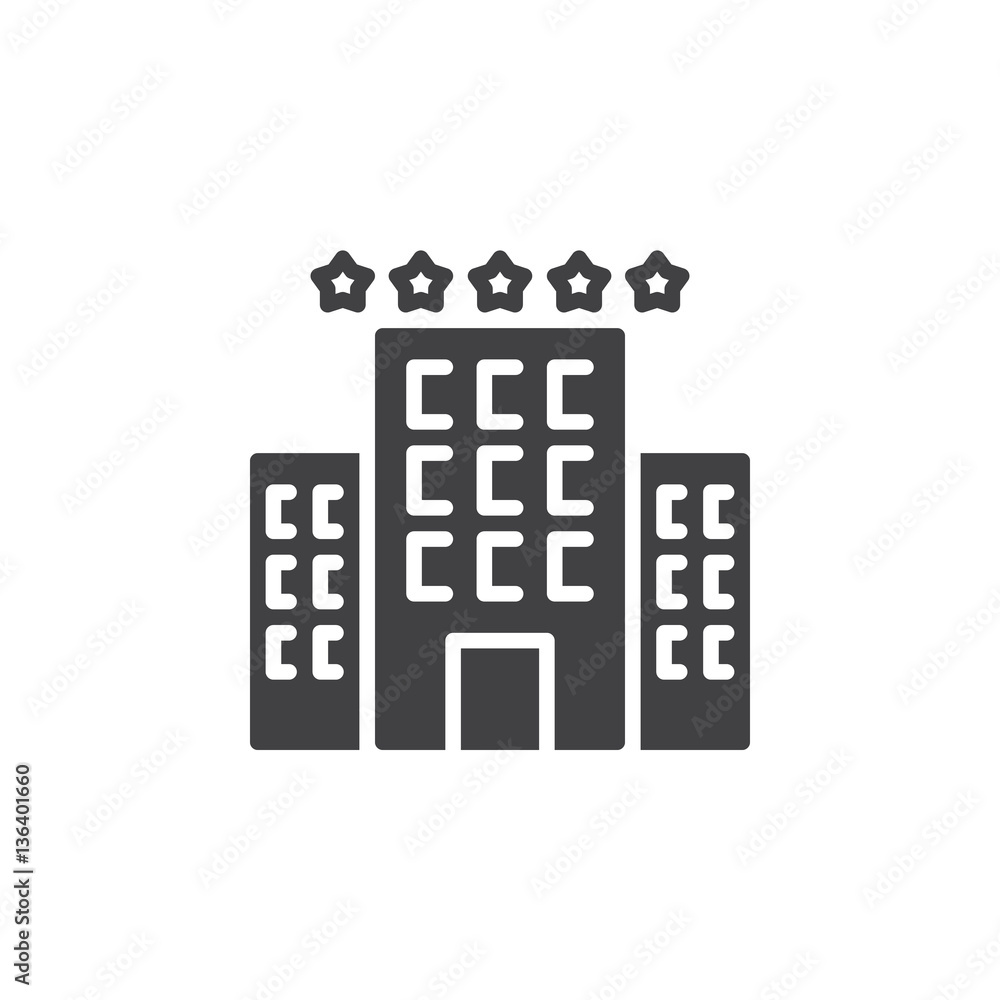 Hotel building with stars icon vector, filled flat sign, solid pictogram isolated on white. Symbol, logo illustration Hotel building with stars icon vector, filled flat sign, solid pictogram isolated on white. Symbol, logo illustration