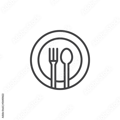 Fork, spoon, dish line icon, outline vector sign, linear pictogram isolated on white. Restaurant, food court symbol, logo illustration
