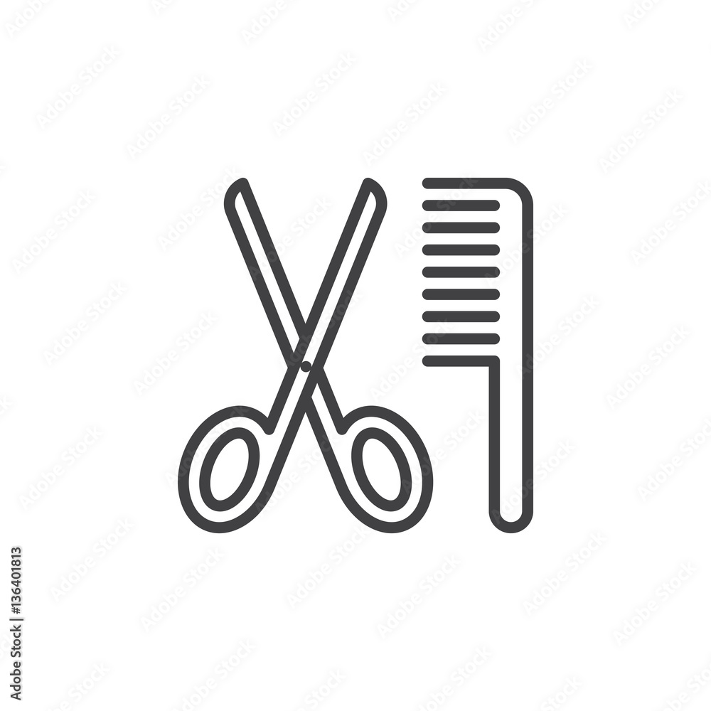 Scissors and comb line icon, outline vector sign, linear pictogram isolated on white. Barber shop symbol, logo illustration Scissors and comb line icon, outline vector sign, linear pictogram isolated on white. Barber shop symbol, logo illustration