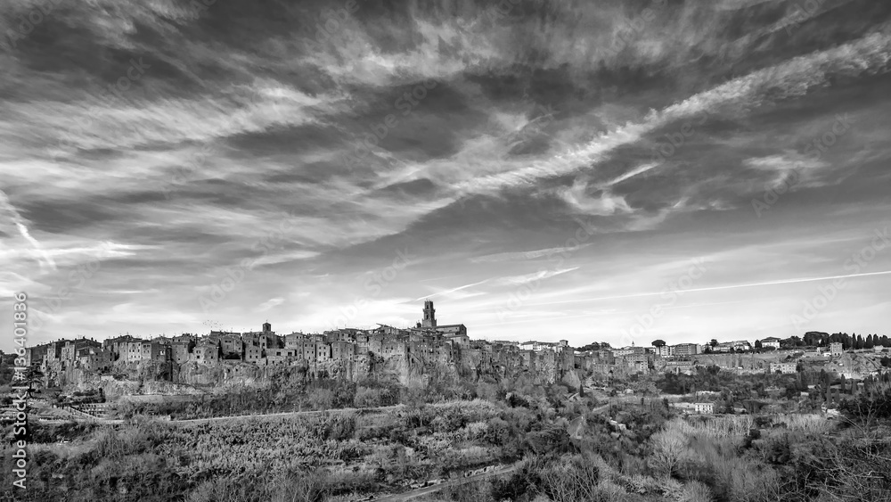 Wonderful vintage black and white view of the town of Pitigliano built on the typical tuff of the Tuscan Maremma, Grosseto, Italy