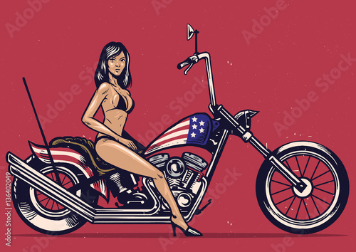 Vintage hand drawing girl pose on a motorcycle