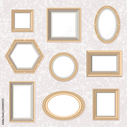 Vector set of flat style golden frames on the marble wall.