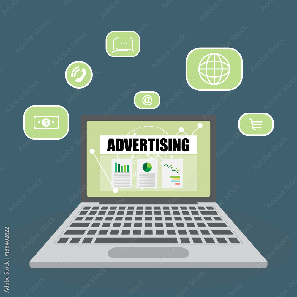 Native advertising concept with marketing media and tools illustrated in laptop Native advertising concept with marketing media and tools illustrated in laptop