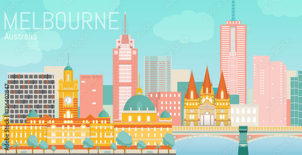 Obraz premium Ilustracja wektorowa płaskie miasta Melbourne.