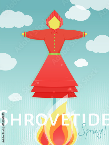 Doll-scarecrow on shrovetide celebration with fire.