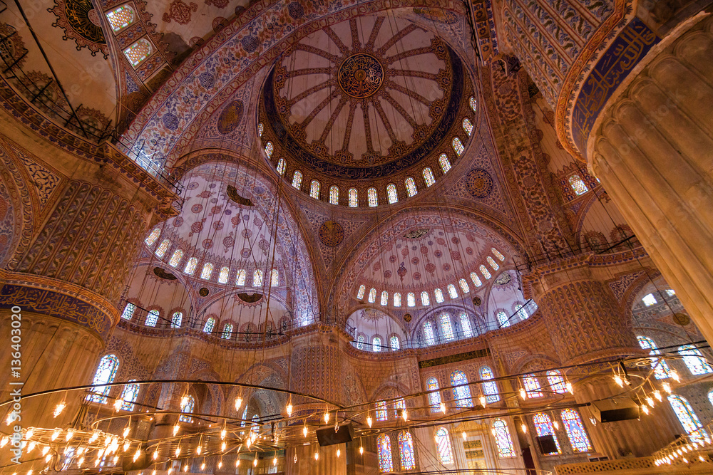 Lights inside Blue mosque, Istanbul, Turkey.
