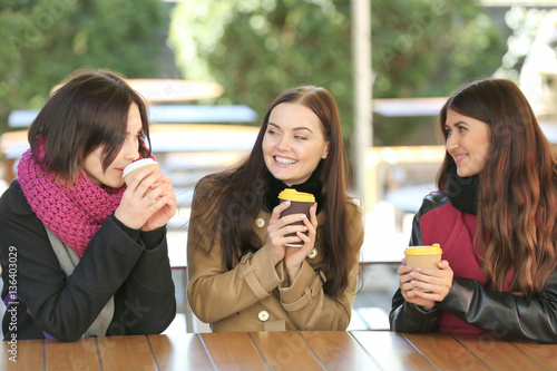 Cheerful young women drinki...
