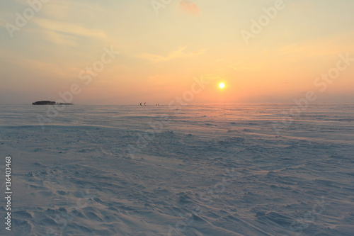 Sunset on the frozen river in winter   Ob River  Siberia  Russia