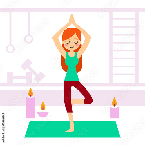 Vector illustration. Woman practicing yoga. In asana Vrikshasana.