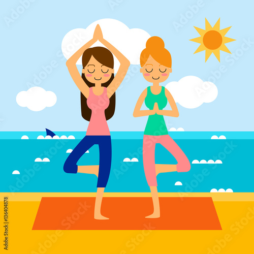 Vector illustration. Woman practicing yoga. In asana Vrikshasana.