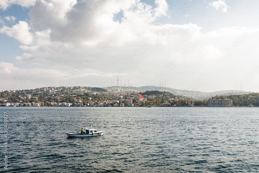 Boat at Bosphorus channel, connecting Europe and Asia, Istanbul, Turkey. Boat at Bosphorus channel, connecting Europe and Asia, Istanbul, Turkey.