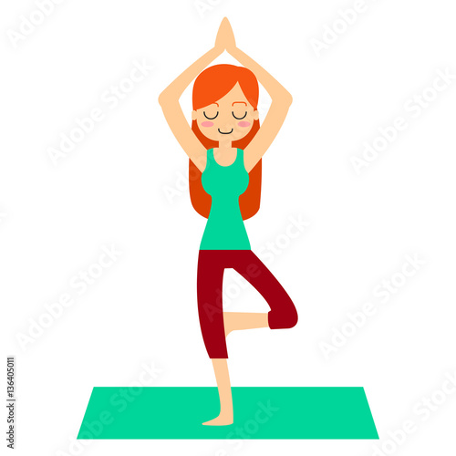 Vector illustration. Woman practicing yoga. In asana Vrikshasana.