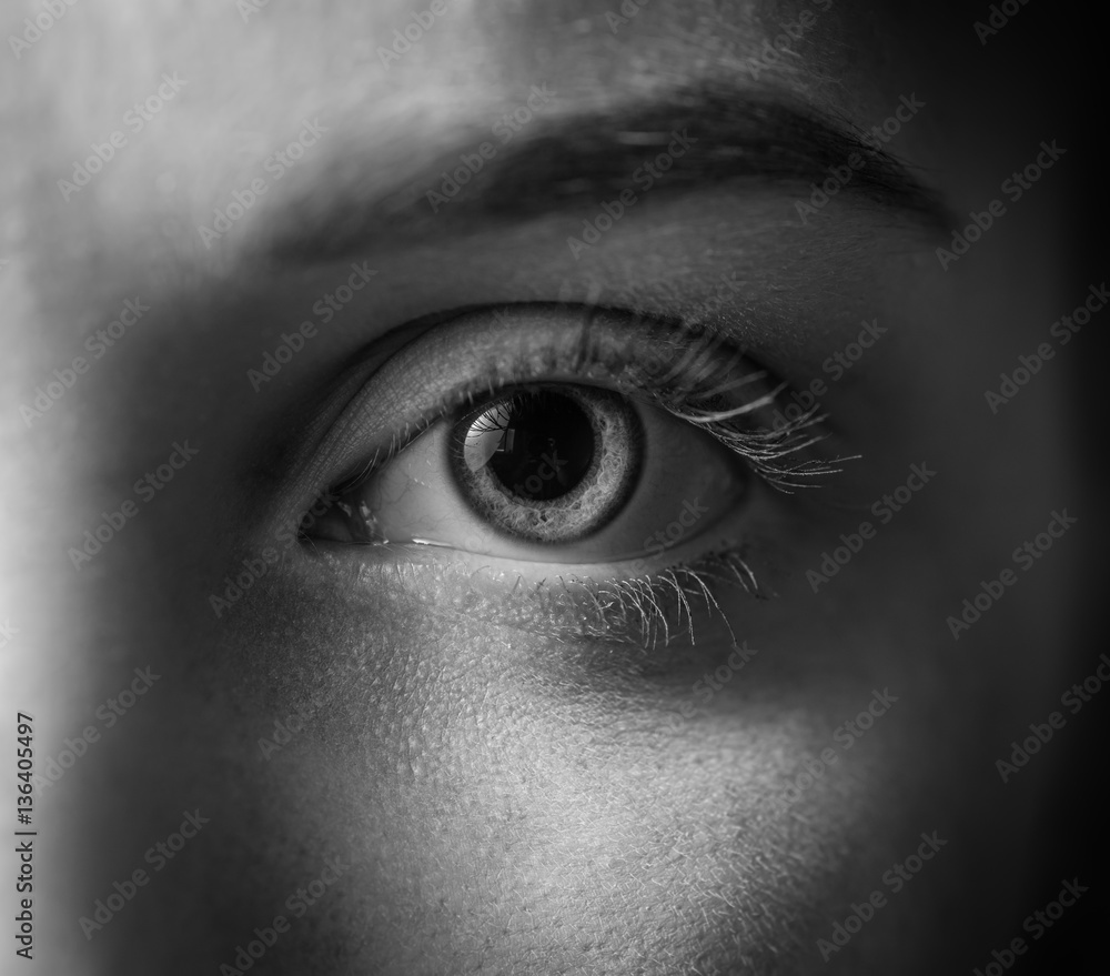 Naklejka premium Macro shot of female human eye in black and white toned.