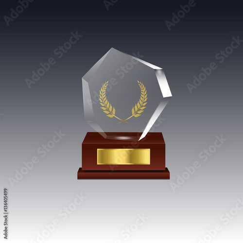 Sport competitions glass trophies prizes collection on transparent reflective surface realistic image with dark shadowy background vector illustration