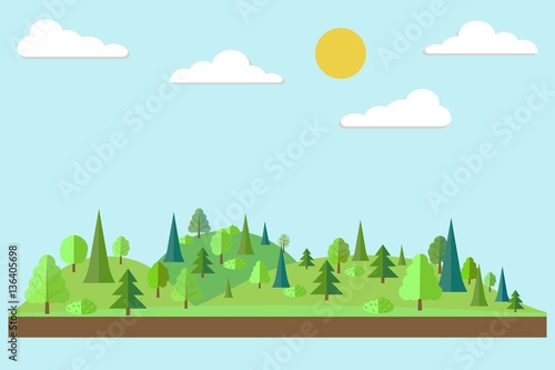 Forest in flat style. Spring. Spring forest. Wildlife. Eco lifestyle. Forest view. Vector illustration