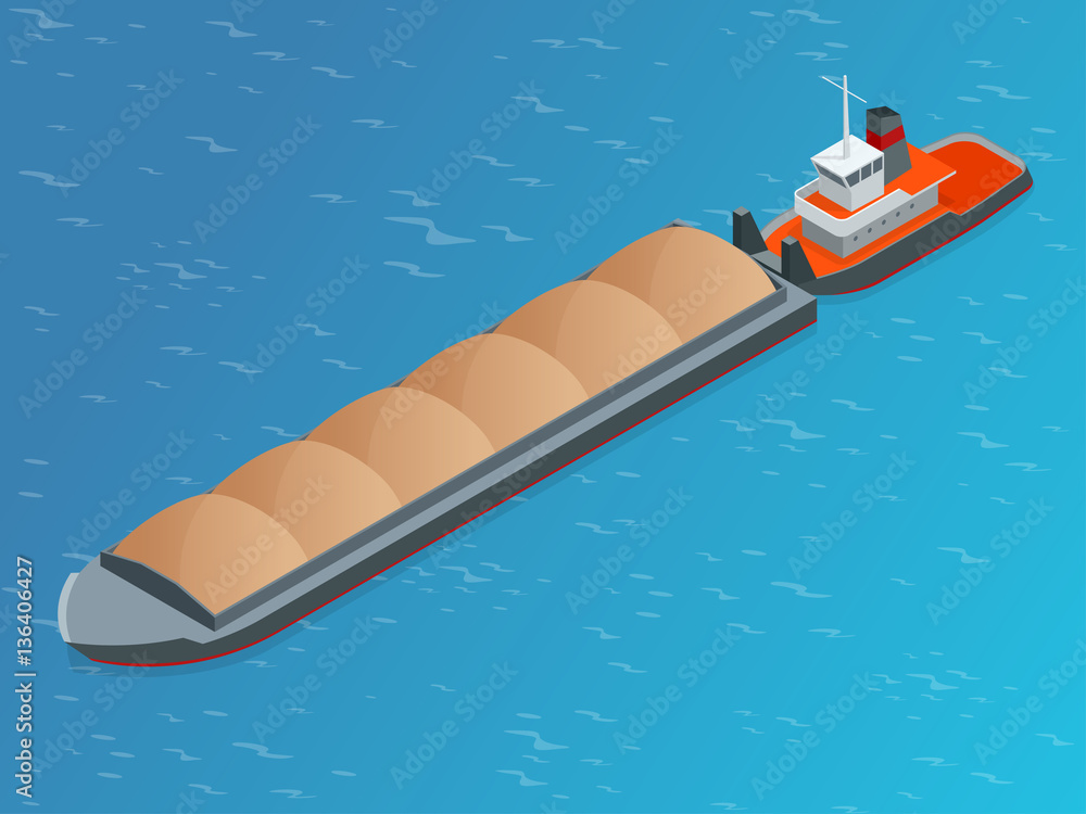 Fototapeta premium Isometric Barge on a River. Very large ship. Containerized trade, liquid bulk and dry bulk shipping. International shipping.