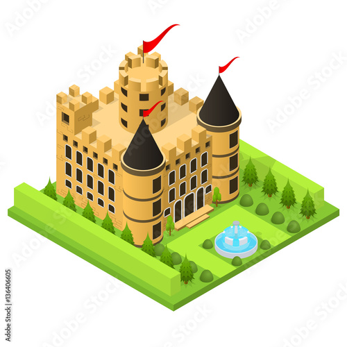 Castle Fairytale Medieval House Isometric View. Vector
