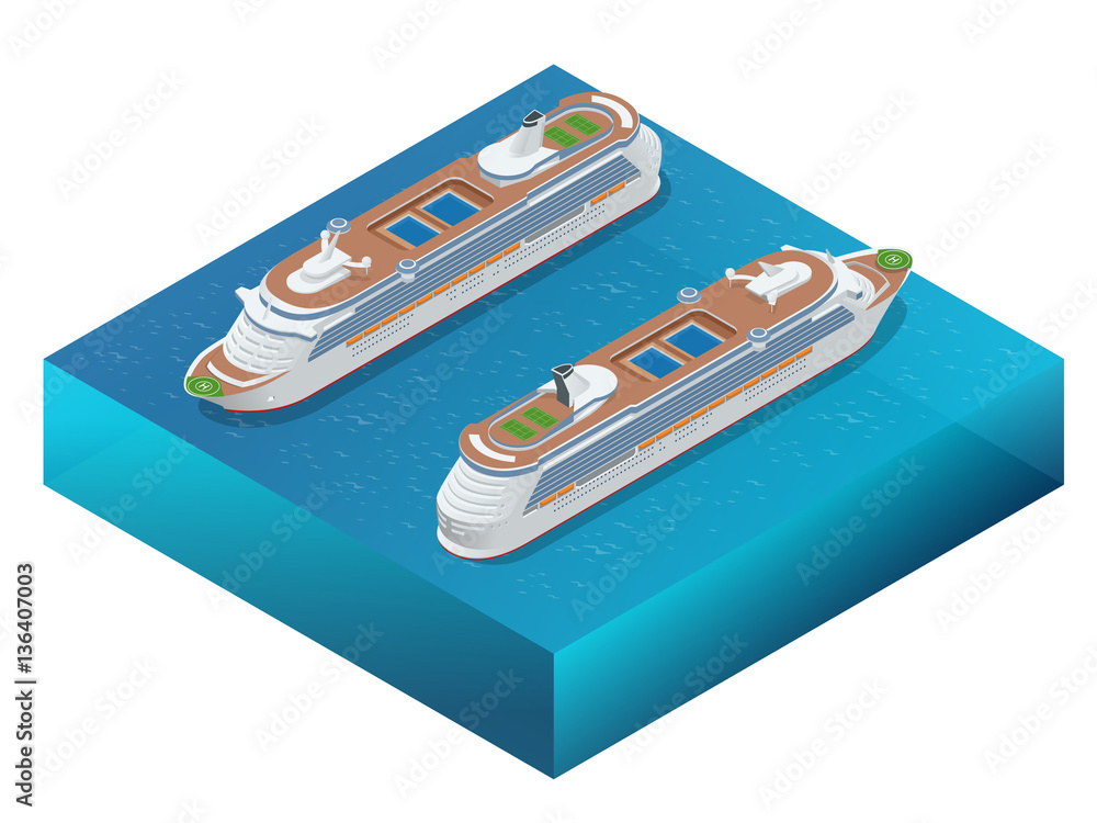 Fototapeta premium Luxury cruise ship. A modern liner is in an ocean. Flat 3d vector isometric illustration