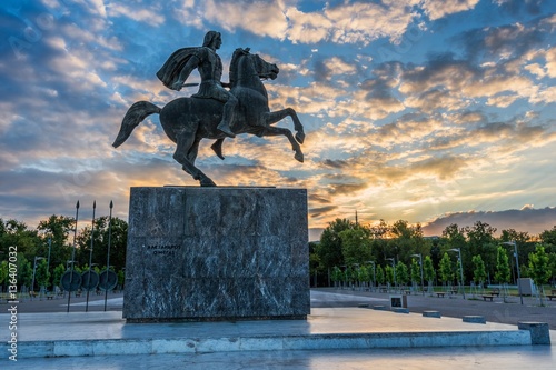 Statue of Alexander the Great at sunrise in Thessaloniki, Greece