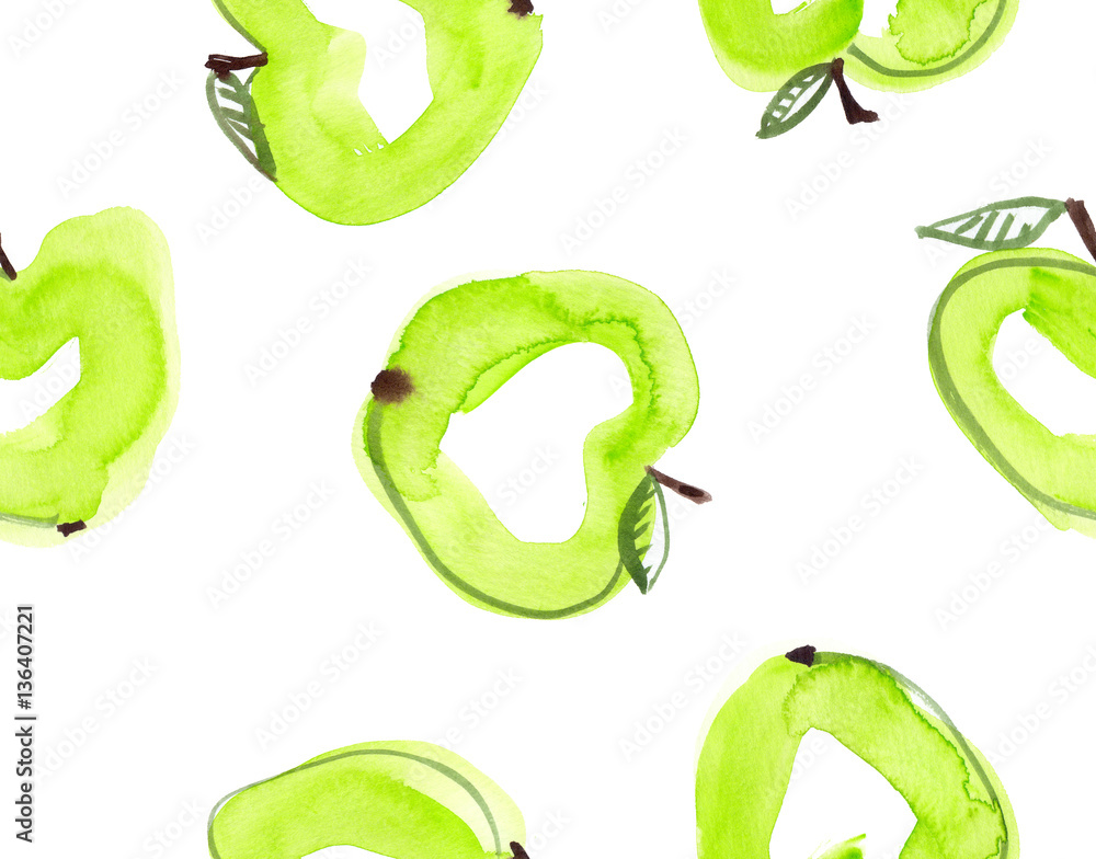 Seamless pattern with bright green apples painted in watercolor on white isolated background Seamless pattern with bright green apples painted in watercolor on white isolated background