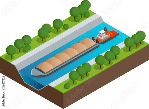 Isometric Barge on a River. Very large ship. Containerized trade, liquid bulk and dry bulk shipping. International shipping.