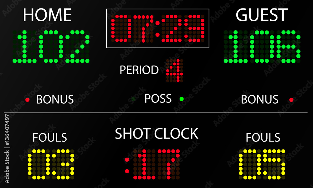 Sports electronic scoreboard. Sports statistics: score, time, period, fouls. Electronic scoreboard mockup. Vector illustration