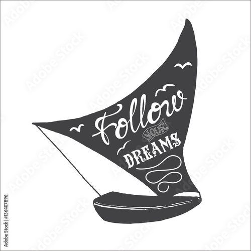 Hand drawn illustration of isolated black ship silhouette 